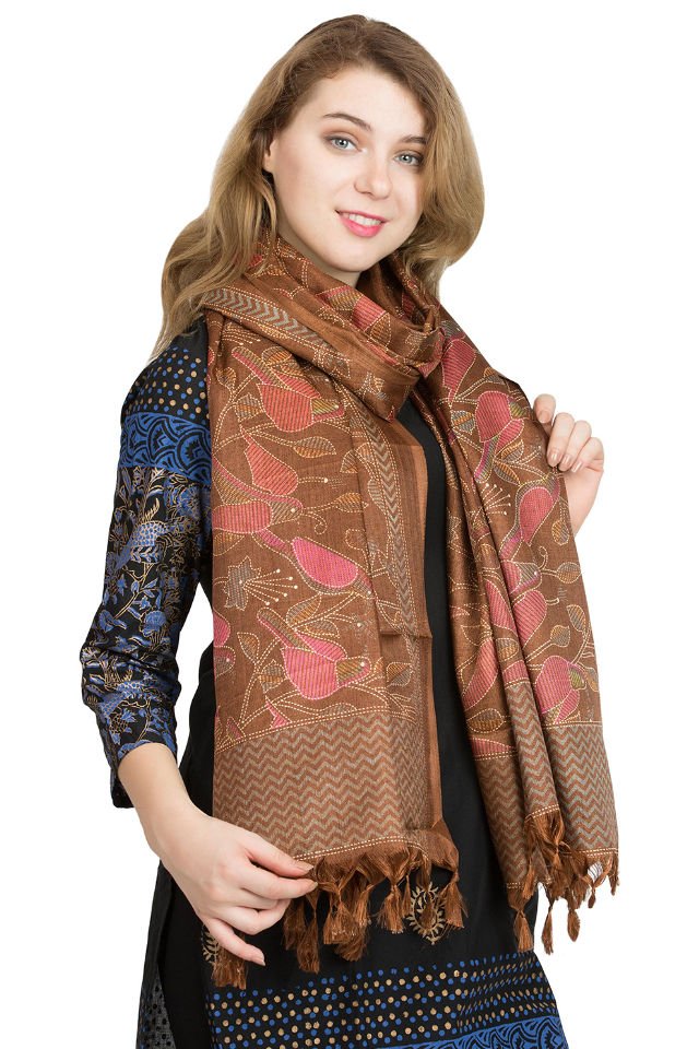 Esarfa Cara, Matase naturala tussar, maro ciocolata, Marime universala