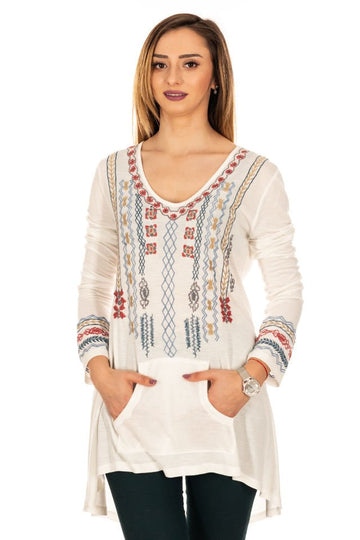 Bluză ivory cu broderie si buzunare cangur Marime M-L