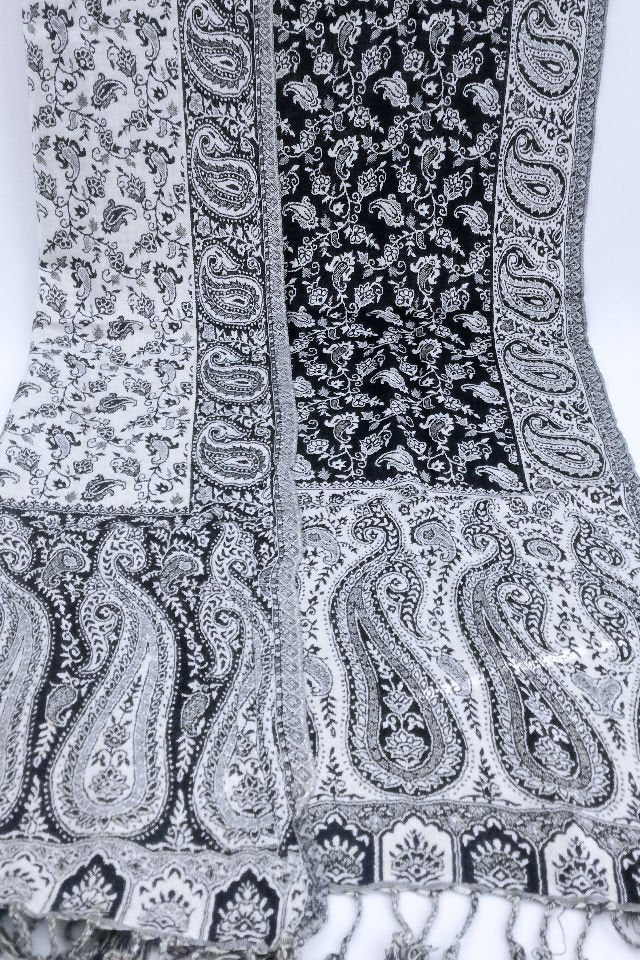 Esarfa Casmir reversibila Paisley oriental floral India, alb-negru