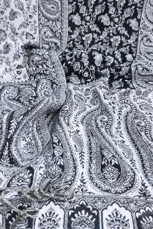 Esarfa Casmir reversibila Paisley oriental floral India, alb-negru