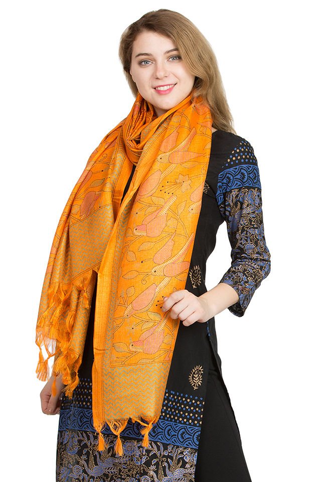 Esarfa Cara, Matase naturala tussar, orange, Marime universala