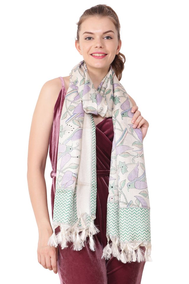 Eșarfă Cara, Mătase naturala tussar, crem lila, marime universala