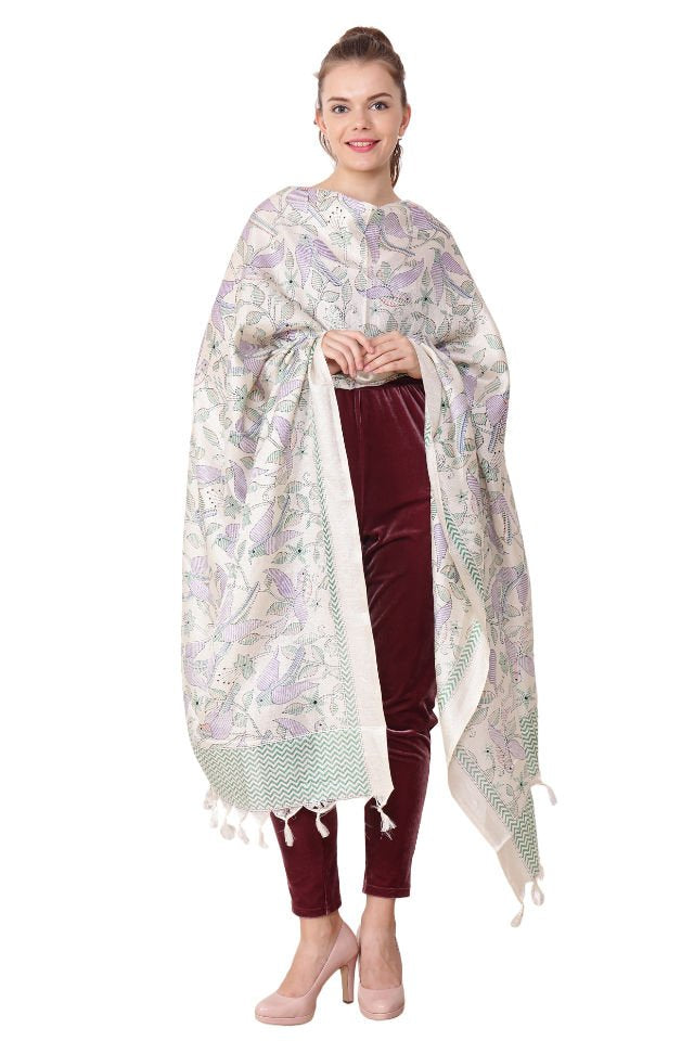 Eșarfă Cara, Mătase naturala tussar, crem lila, marime universala