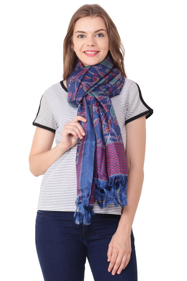 Eșarfă Cara, Mătase naturala tussar, albastru, marime universala