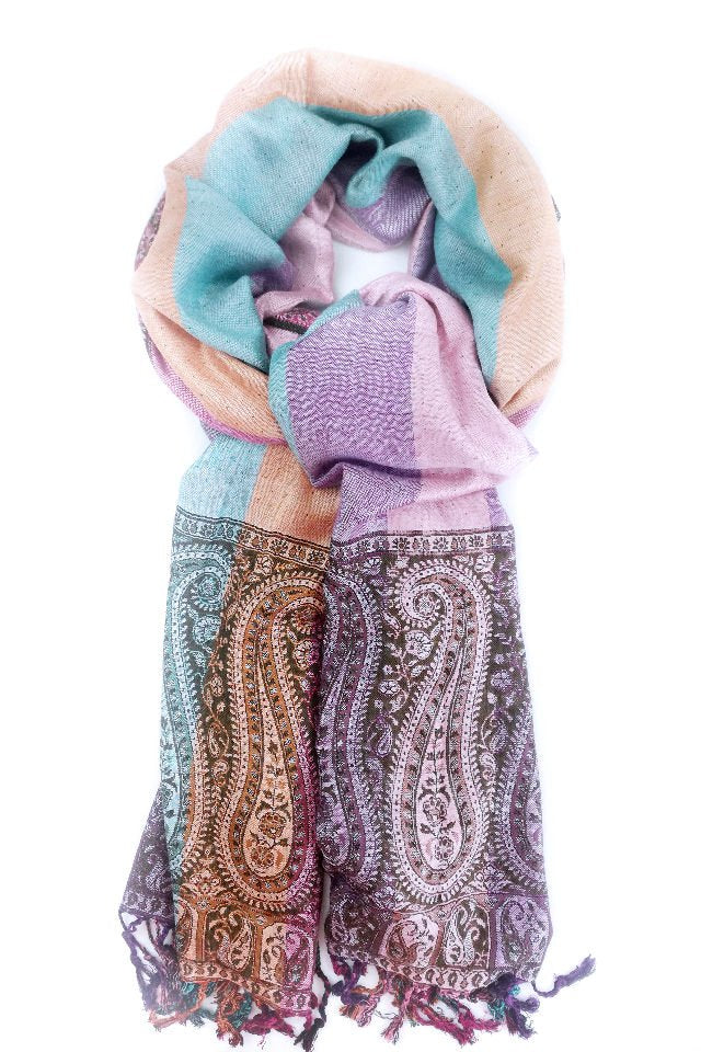 Eșarfă Cașmir reversibilă verde kaki Paisley oriental floral India