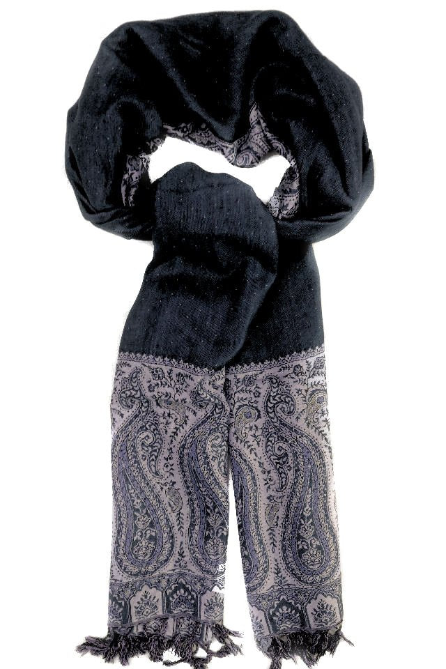 Eșarfă Cașmir reversibilă Paisley negru-bej oriental floral India