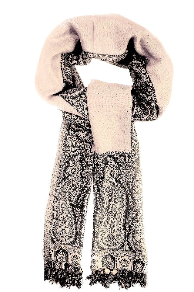 Eșarfă Cașmir reversibilă Paisley negru-bej oriental floral India
