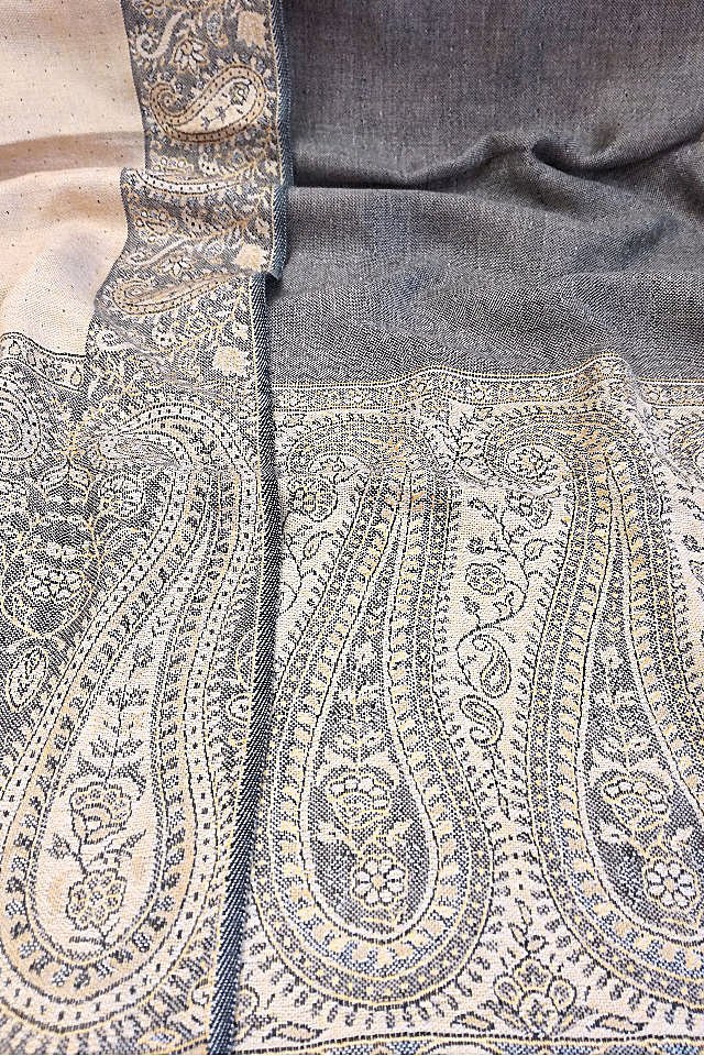 Eșarfă reversibilă gri-bej Paisley oriental floral India