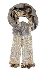 Eșarfă reversibilă gri-bej Paisley oriental floral India