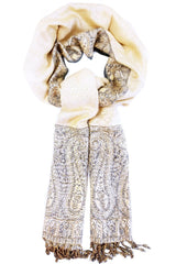 Eșarfă reversibilă gri-bej Paisley oriental floral India