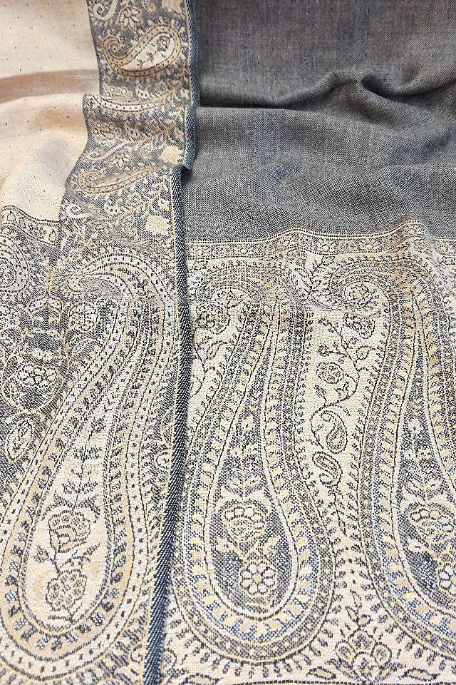 Eșarfă reversibilă gri-bej Paisley oriental floral India