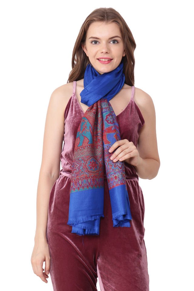 Eșarfă Cașmir jacquard albastru cu elefanti