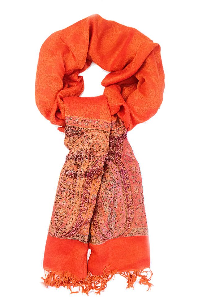 Eșarfă reversibilă portocalie Paisley oriental floral India