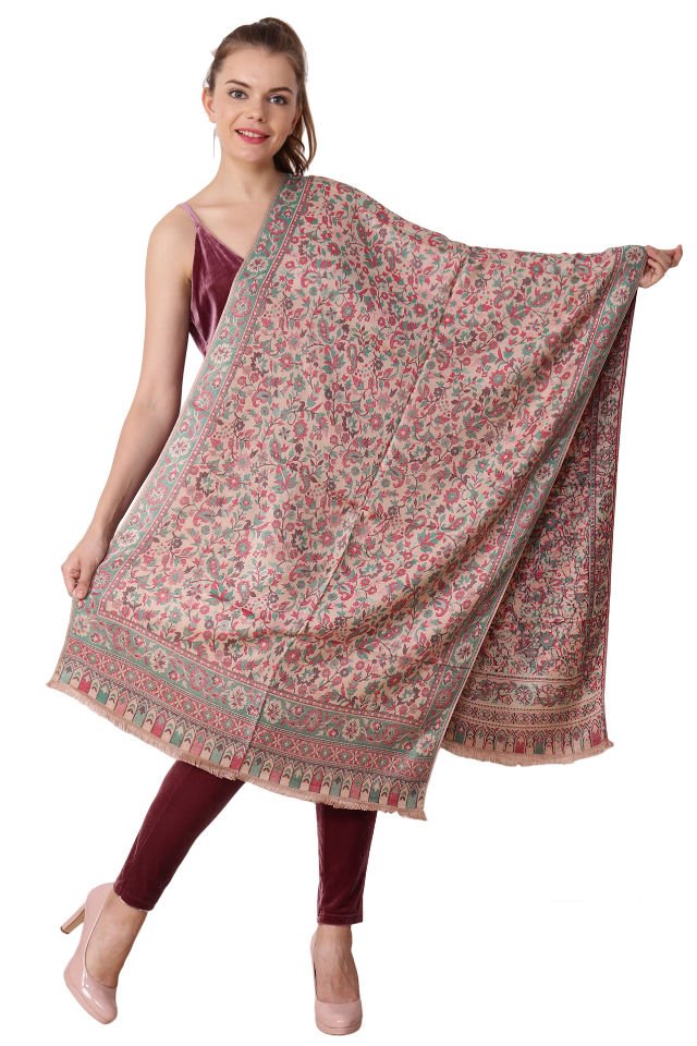 Esarfa Casmir reversibila verde-bej Paisley oriental floral India
