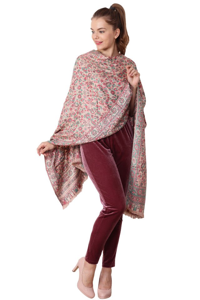 Esarfa Casmir reversibila verde-bej Paisley oriental floral India