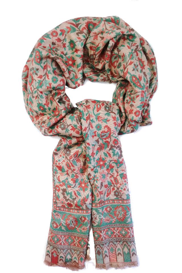 Esarfa Casmir reversibila verde-bej Paisley oriental floral India