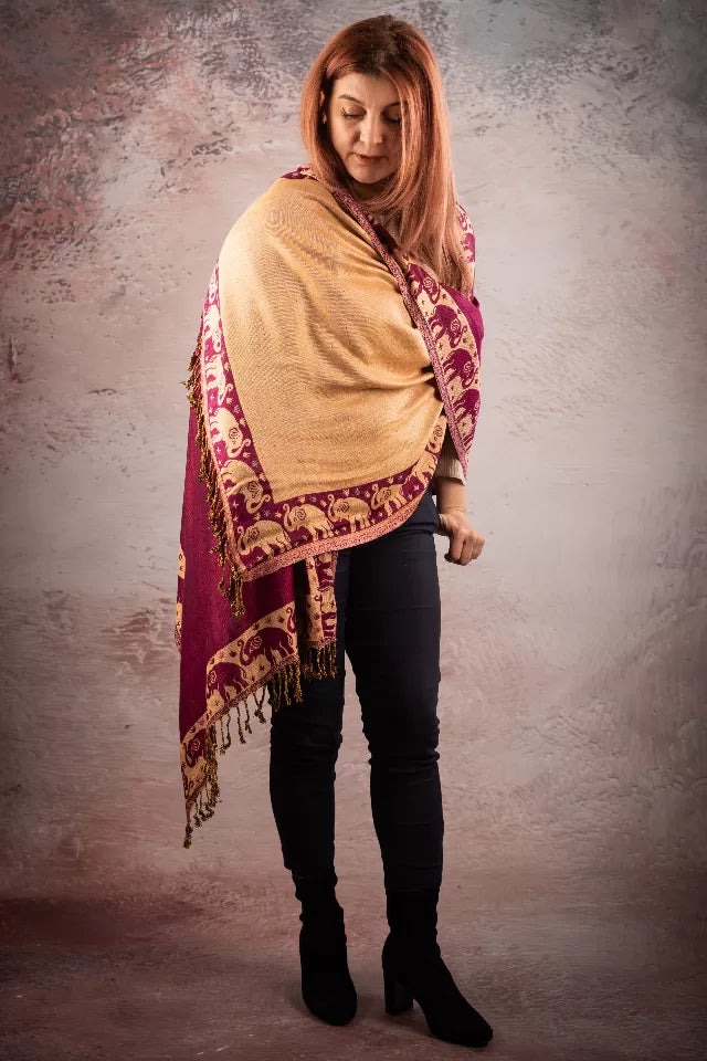 Esarfa Casmir reversibila Paisley India, grena-bej