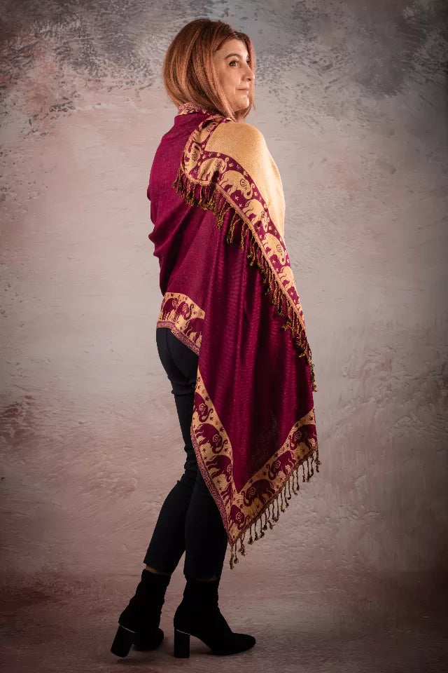 Esarfa Casmir reversibila Paisley India, grena-bej