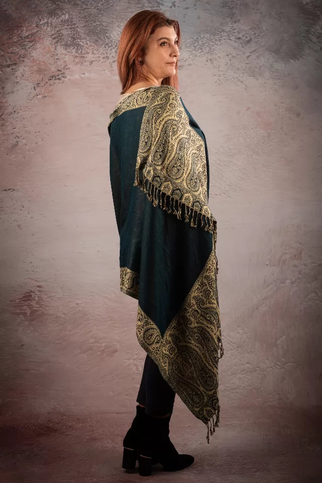 Esarfa Casmir reversibila Paisley India, verde inchis-bej