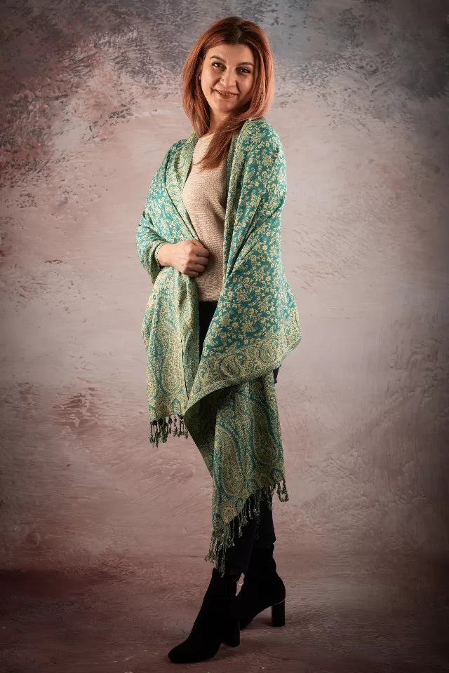 Eșarfă Cașmir reversibilă Paisley India, verde deschis-bej