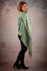 Eșarfă Cașmir reversibilă Paisley India, verde deschis-bej