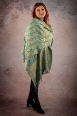 Eșarfă Cașmir reversibilă Paisley India, verde deschis-bej