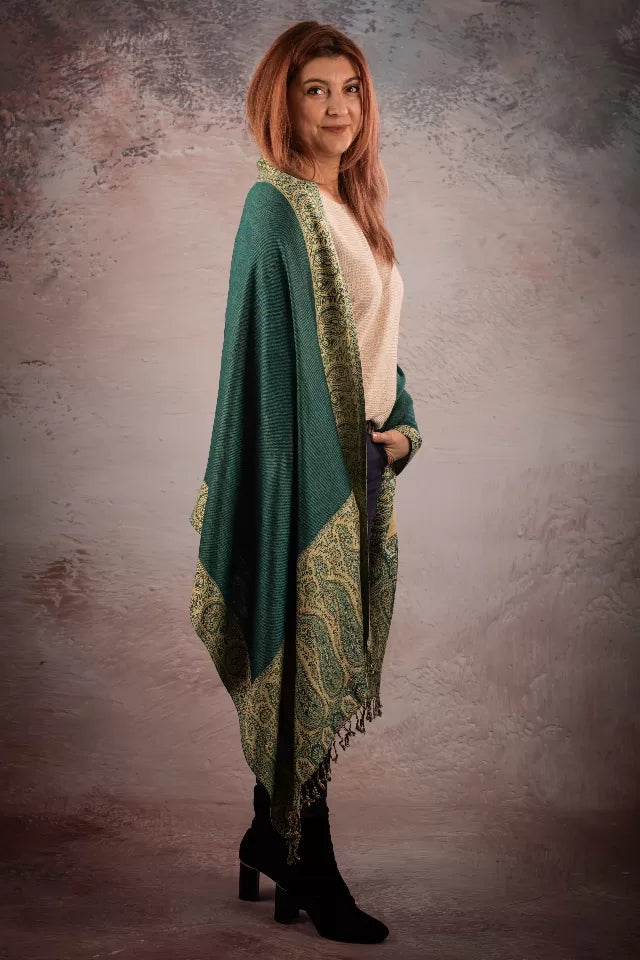 Esarfa Casmir reversibila Paisley India, verde-bej