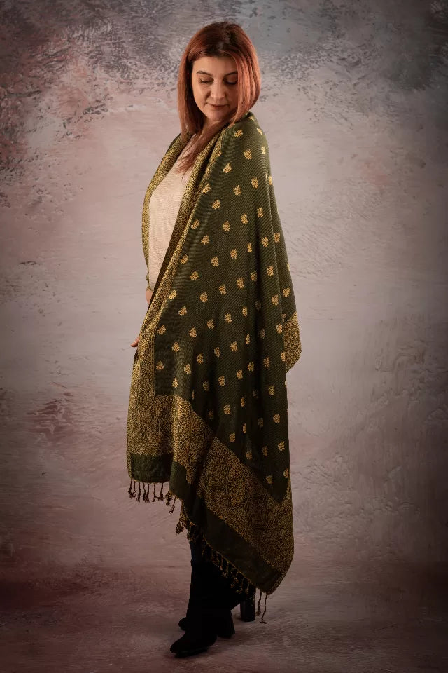 Esarfa Casmir reversibila Paisley India, verde olive-bej