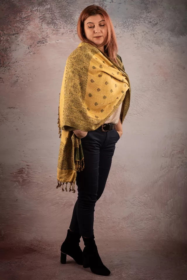 Esarfa Casmir reversibila Paisley India, verde olive-bej