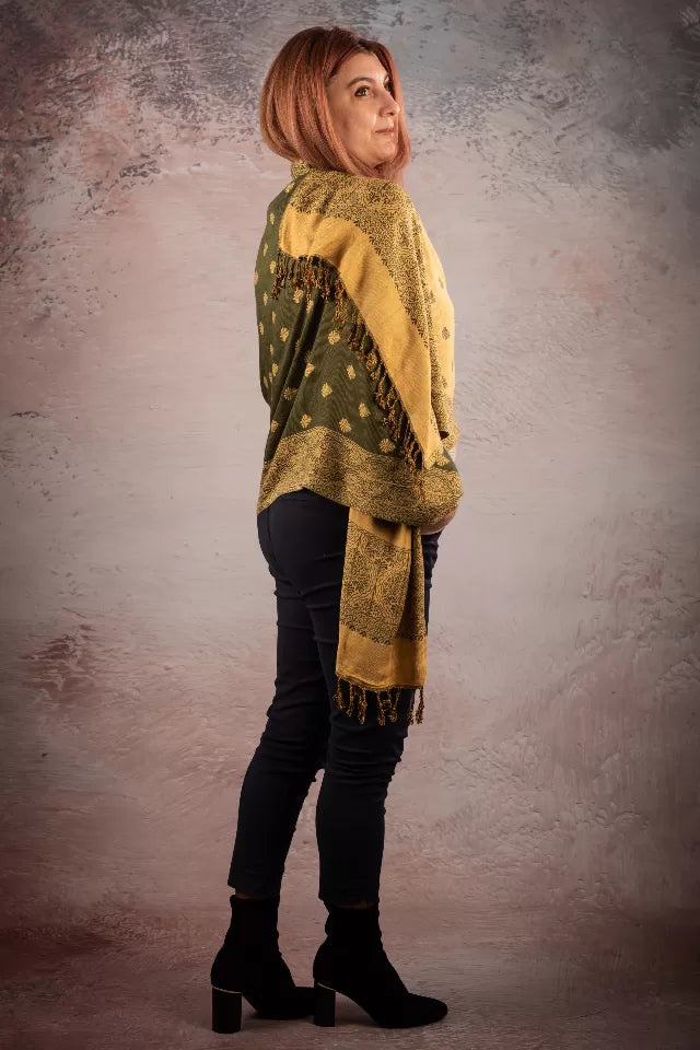 Esarfa Casmir reversibila Paisley India, verde olive-bej