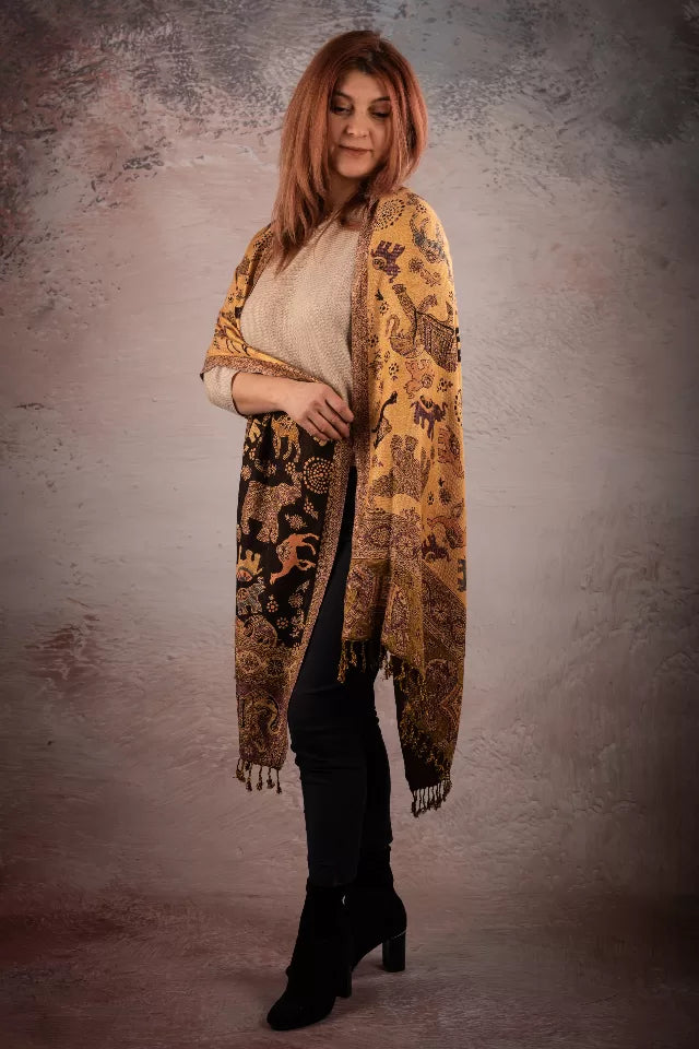 Esarfa Casmir reversibila Paisley si elefanti India, maro-bej