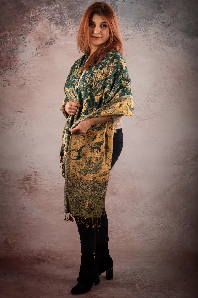 Esarfa Casmir reversibila Paisley si elefanti India, verde-bej