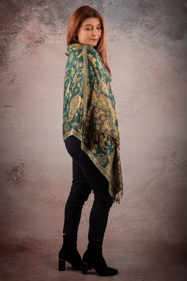 Esarfa Casmir reversibila Paisley si elefanti India, verde-bej