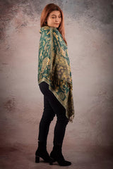 Esarfa Casmir reversibila Paisley si elefanti India, verde-bej