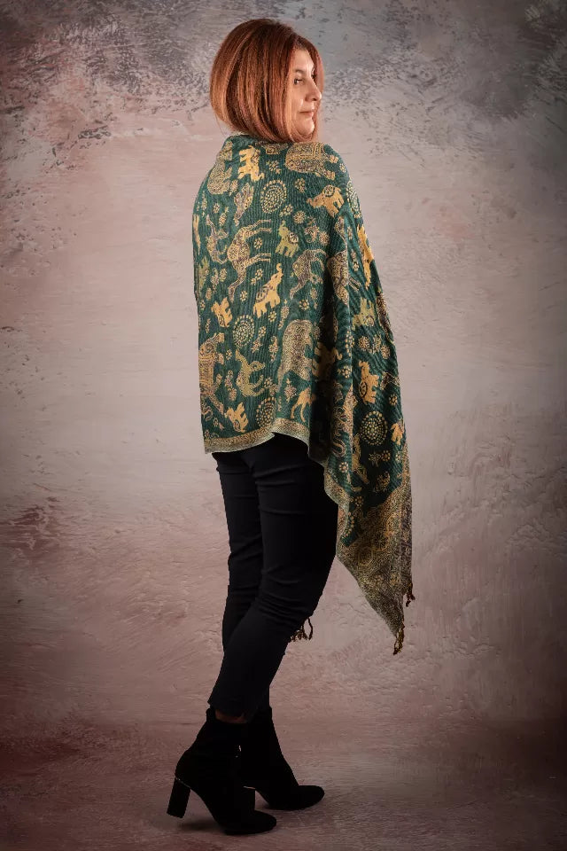 Esarfa Casmir reversibila Paisley si elefanti India, verde-bej