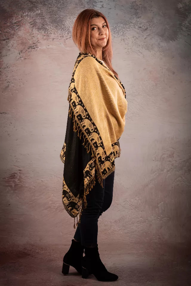 Esarfa Casmir reversibila elefanti India, negru-bej