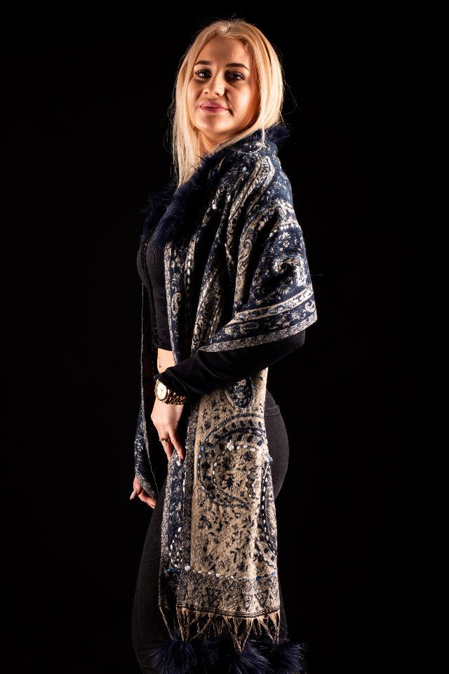 Sal negru-bej cu broderie hand made si blanita neagra India