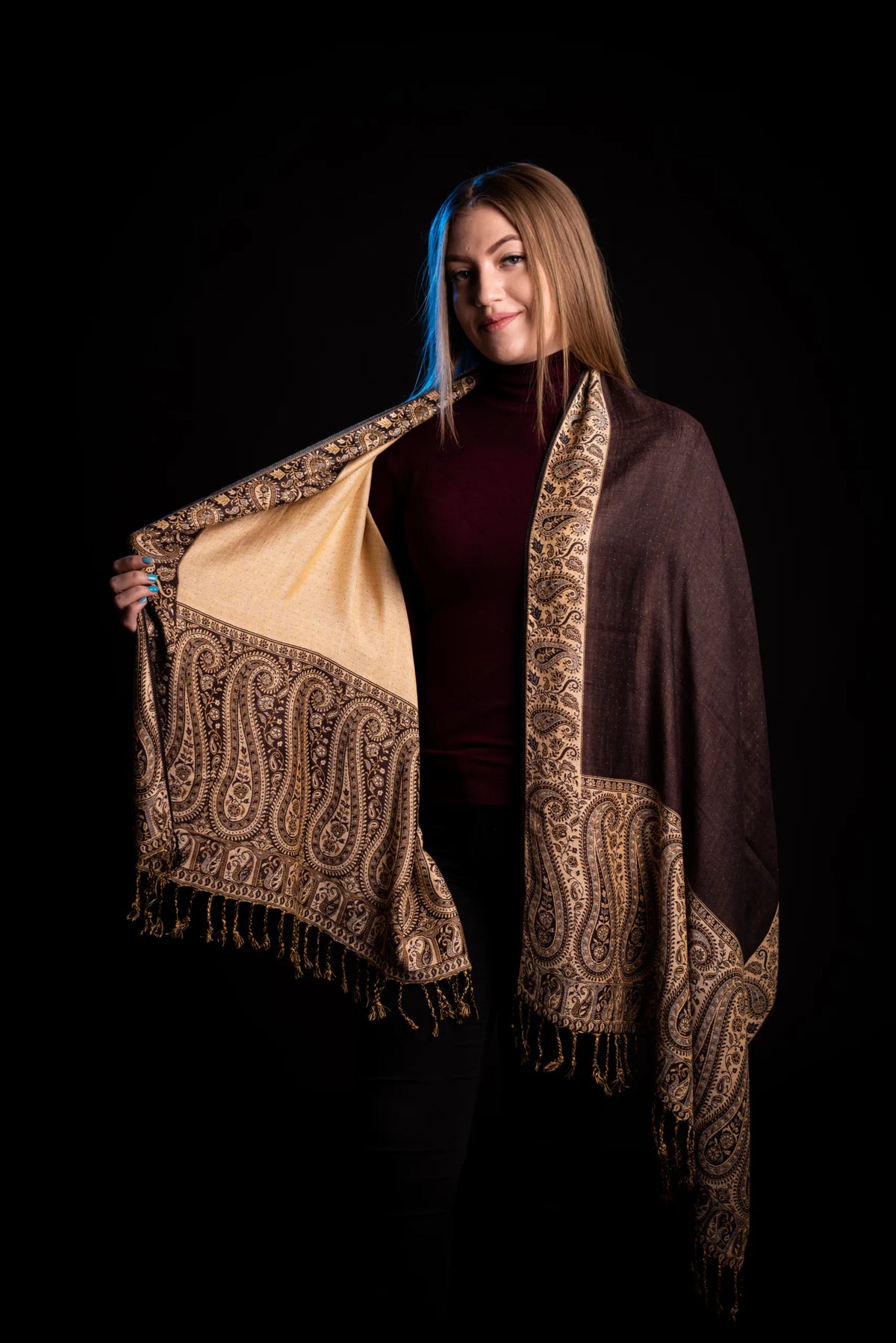 Esarfa casmir reversibila Paisley maro-bej oriental floral India