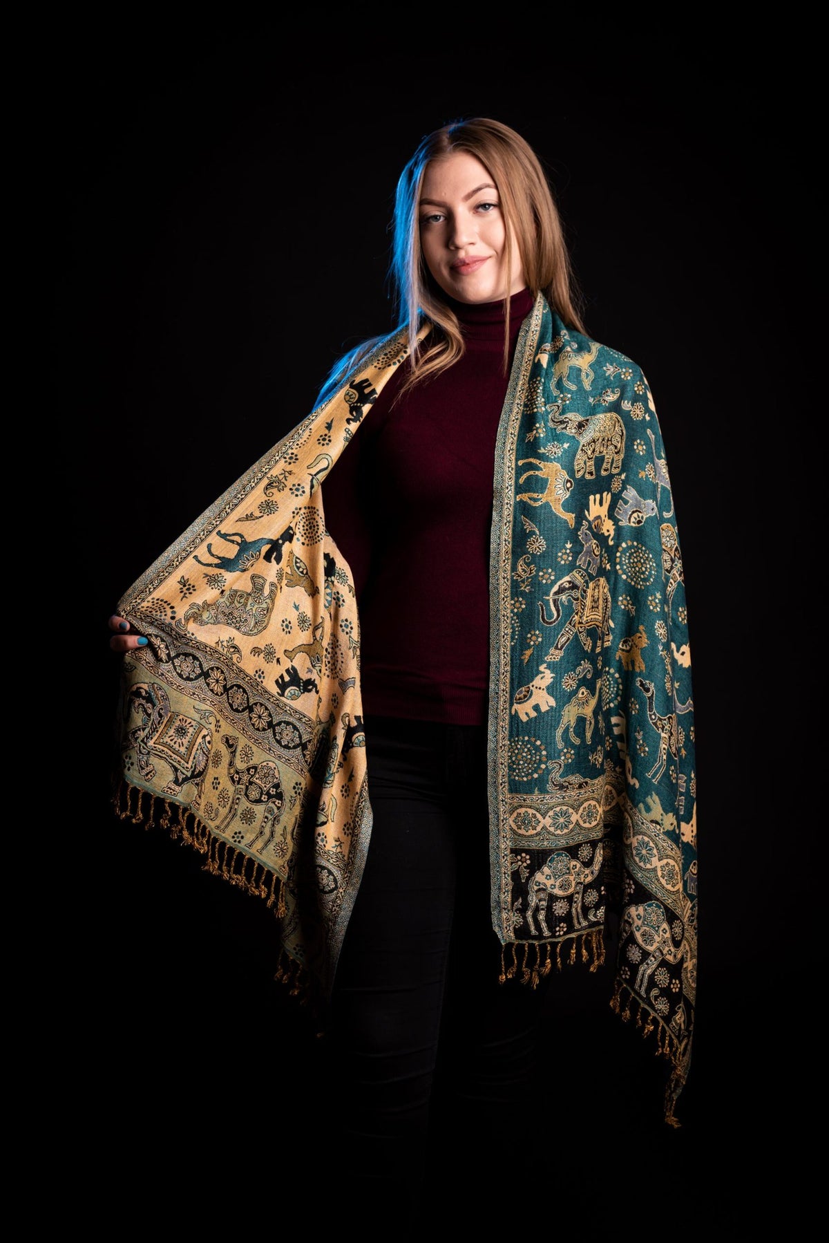 Eșarfă Cașmir reversibilă Paisley oriental floral cu elefanți, verde - India