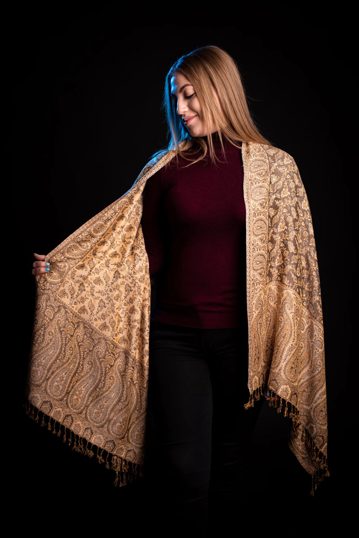 Eșarfă Cașmir reversibilă Paisley India, bej