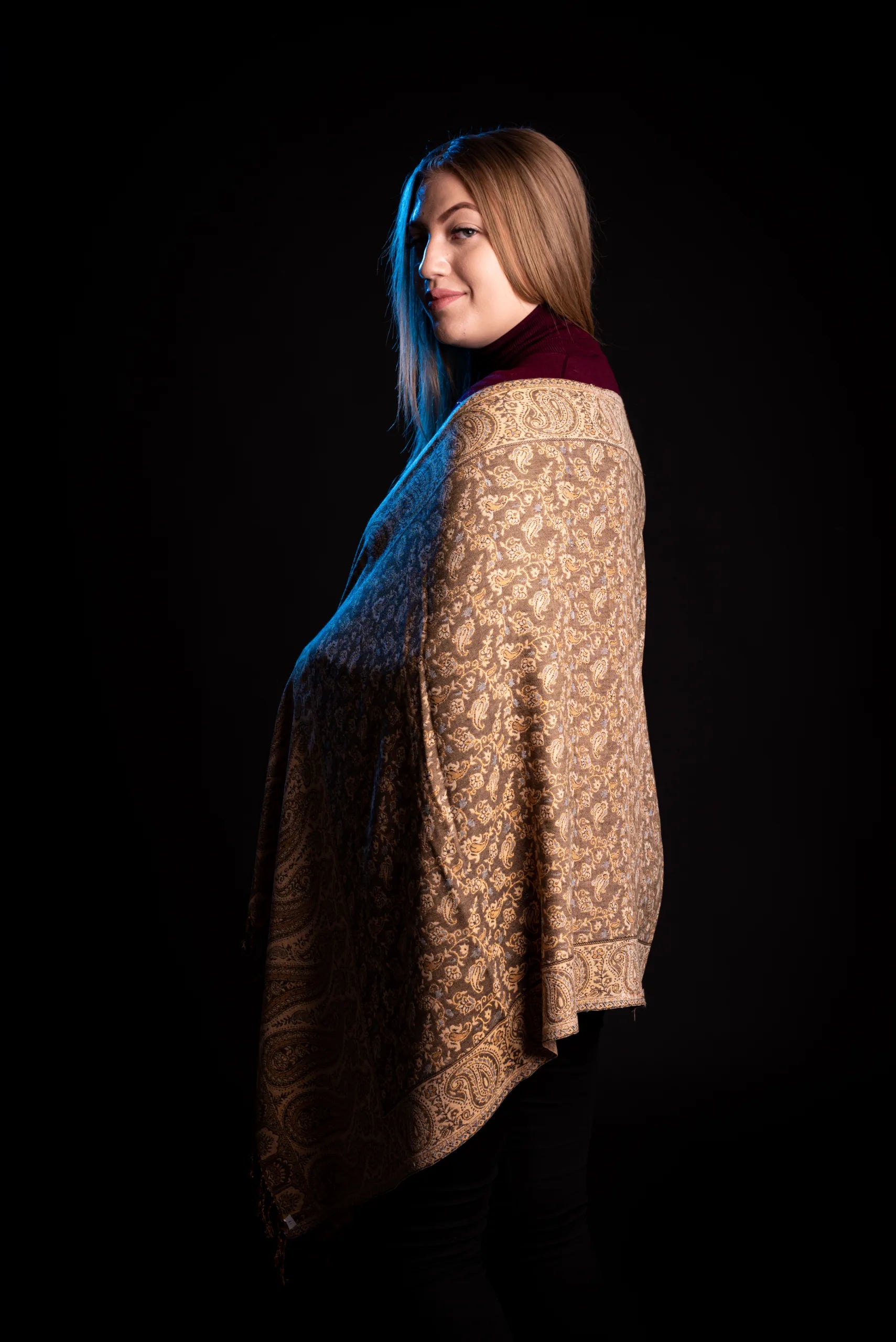 Eșarfă Cașmir reversibilă Paisley India, bej