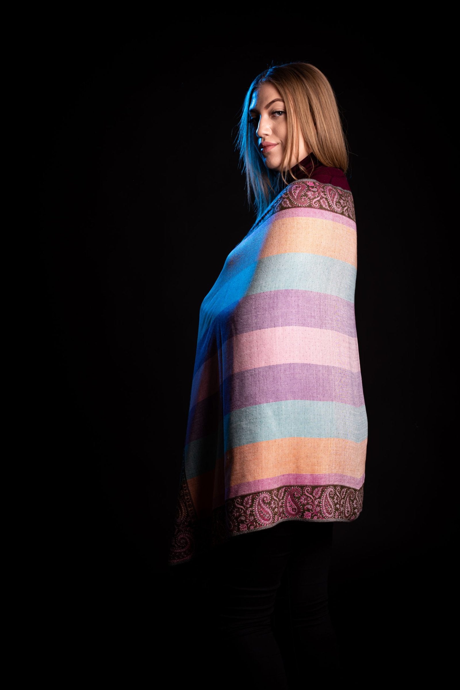 Eșarfă Cașmir reversibilă verde kaki Paisley oriental floral India