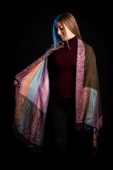 Eșarfă Cașmir reversibilă verde kaki Paisley oriental floral India