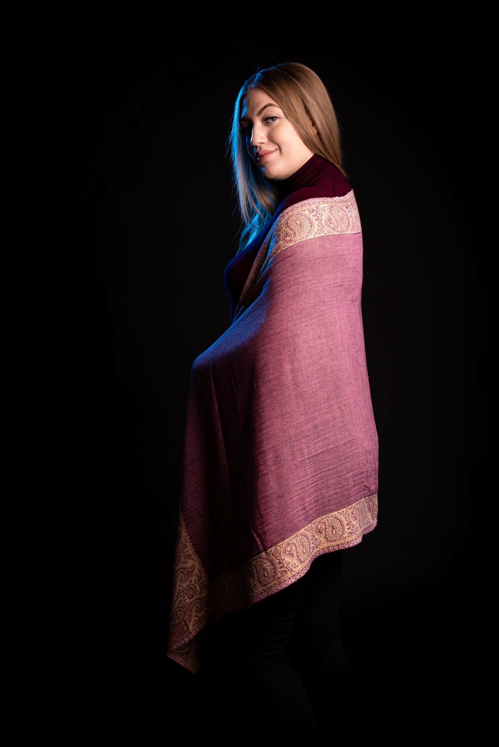 Esarfa casmir reversibila Paisley lila-bej oriental floral India