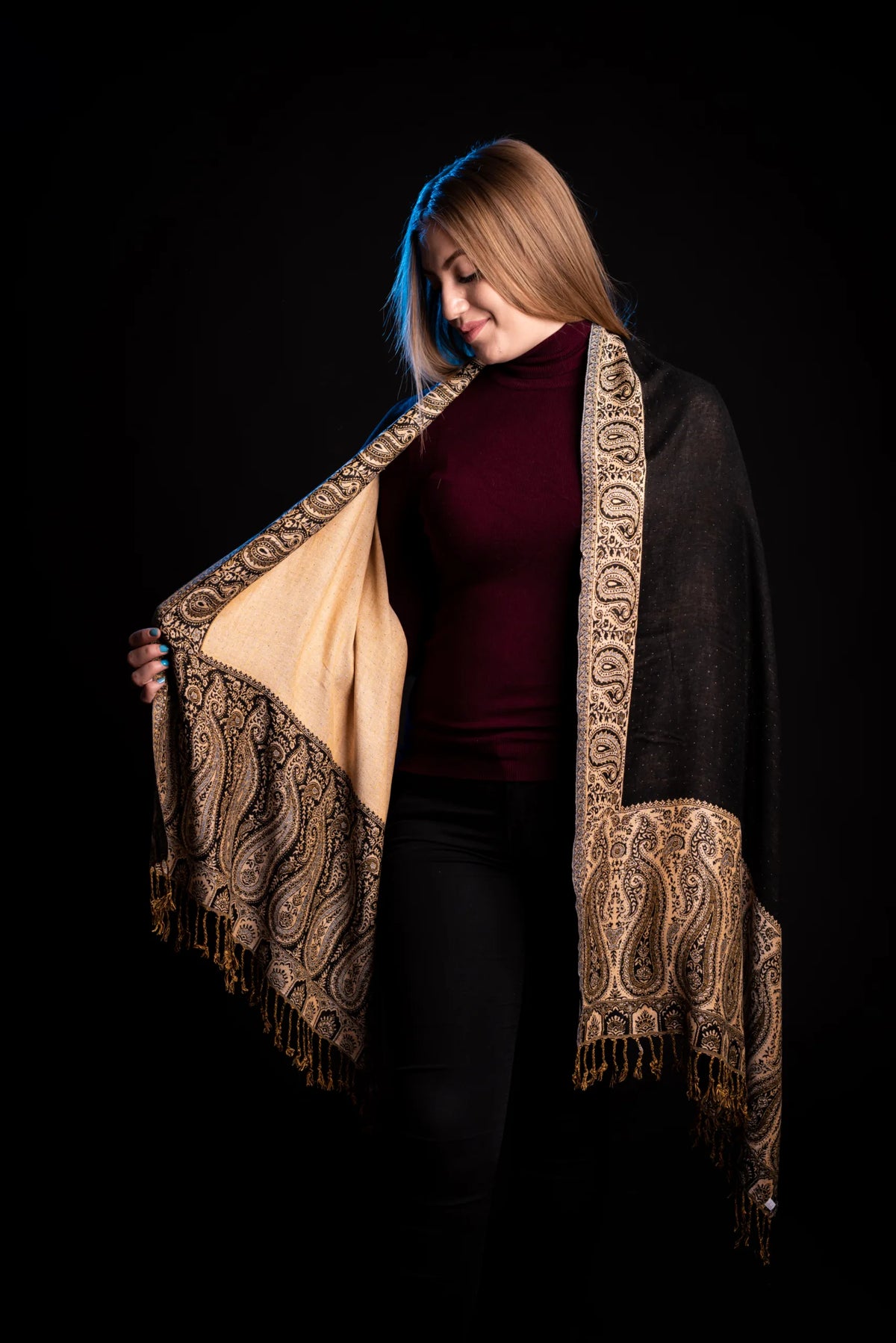 Eșarfă Cașmir reversibilă Paisley negru-bej oriental floral India