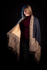 Eșarfă Cașmir reversibilă Paisley blumarin-bej oriental floral India