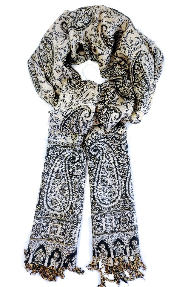 Eșarfă Cașmir reversibilă Paisley India, bej-negru