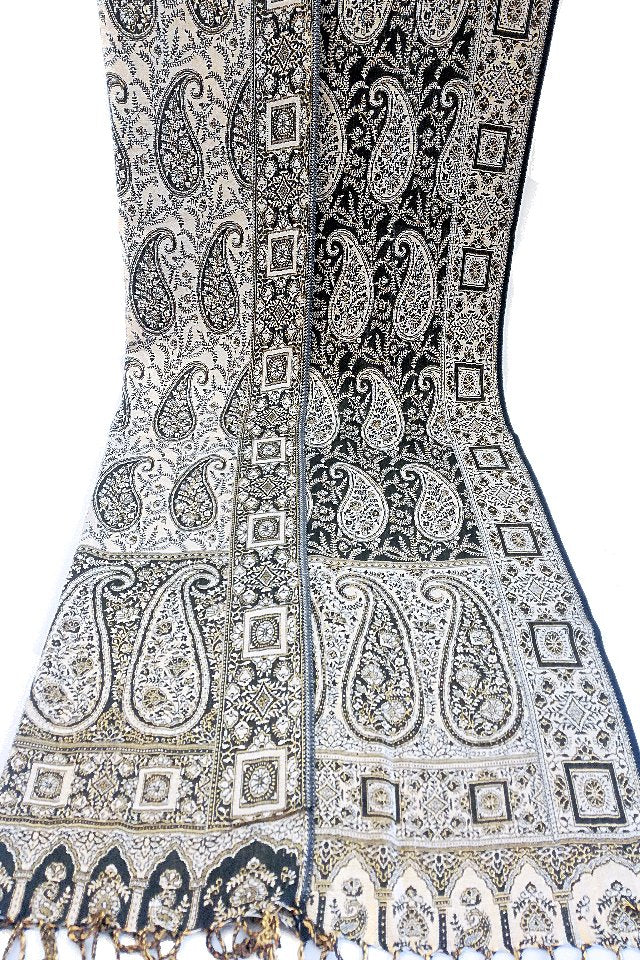 Eșarfă Cașmir reversibilă Paisley India, bej-negru