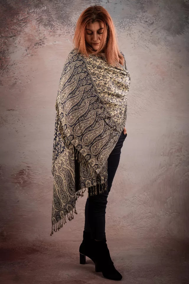 Eșarfă Cașmir reversibilă Paisley India, maro inchis-bej