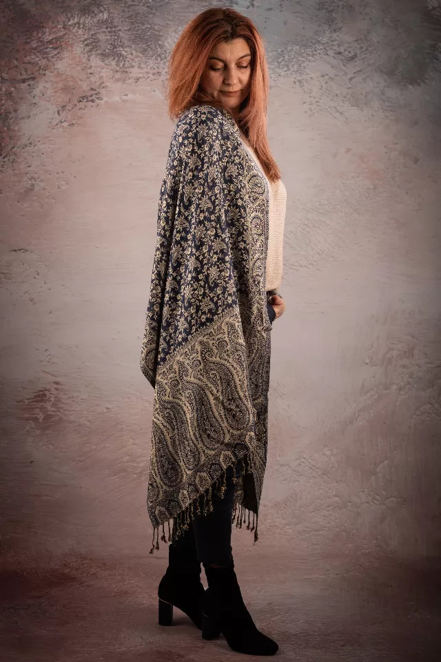 Eșarfă Cașmir reversibilă Paisley India, maro inchis-bej